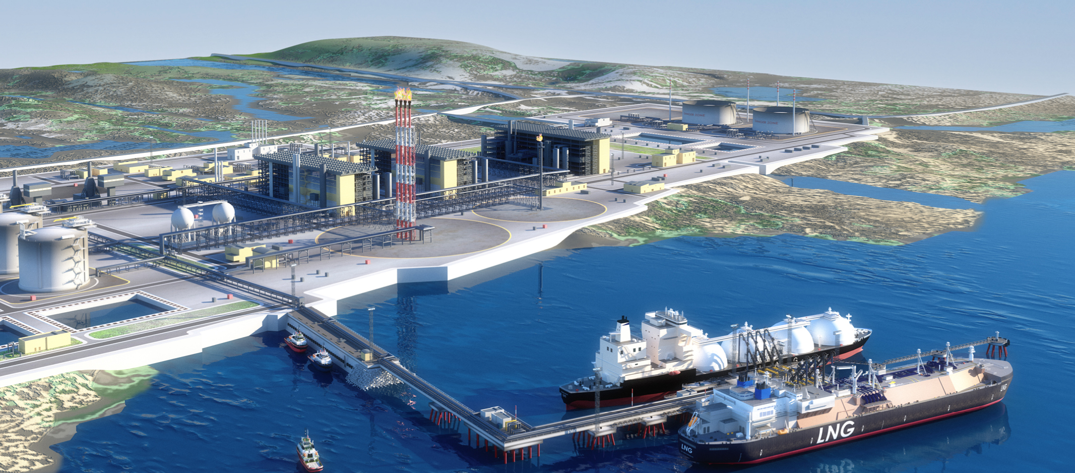 Aerial shot of a rendering of an LNG port.